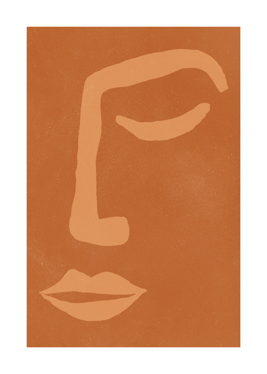  – Ilustración abstracta con el motivo de un rostro color beis sobre un fondo marrón moteado.