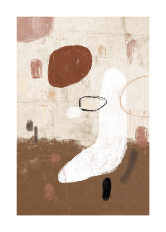  – Pintura beis con figuras abstractas en marrón, blanco y rosa.