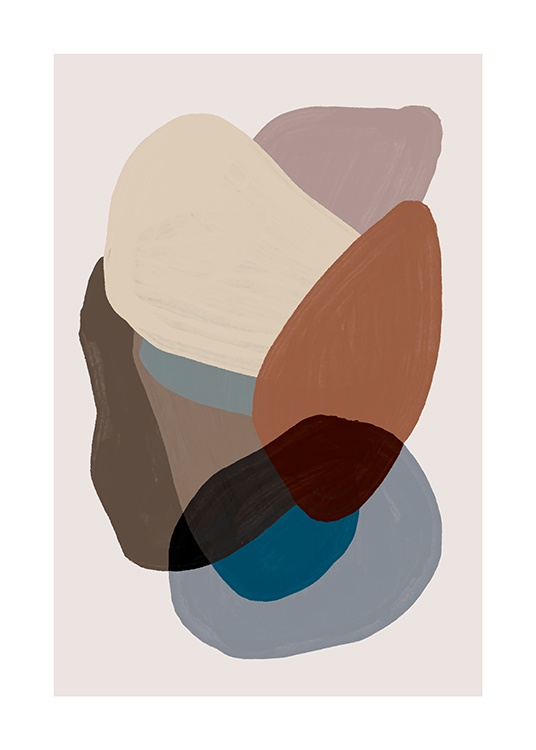  – Pintura con fondo beis y figuras superpuestas en diversos tonos de azul y marrón.