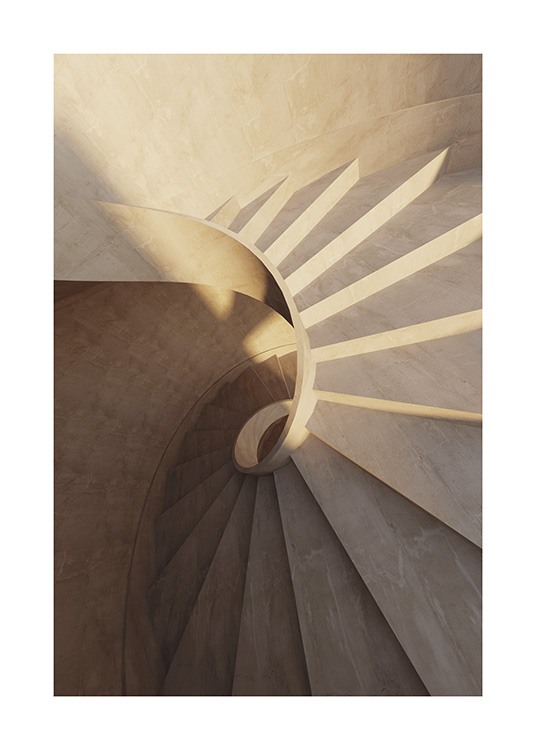  – Fotografía de una escalera en espiral de mármol color beis.