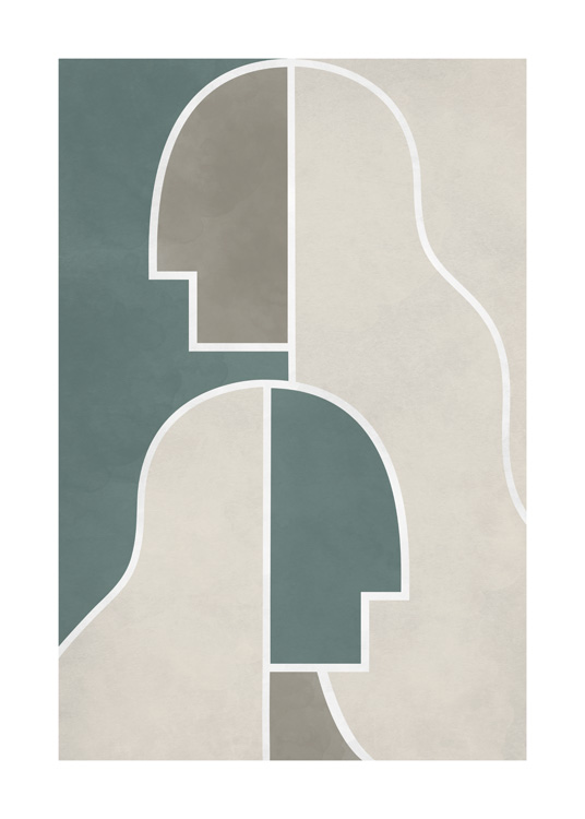  – Ilustración de diseño gráfico con figuras abstractas en beis, marón y verde y contorno blanco.