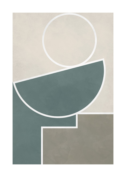  – Ilustración de diseño gráfico con figuras geométricas en beis, marón y verde y contorno blanco.
