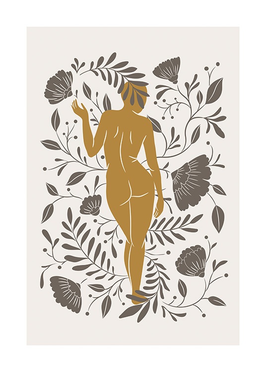  – Ilustración de diseño gráfico con fondo beis y una mujer desnuda en color naranja con flores y hojas marrones alrededor.