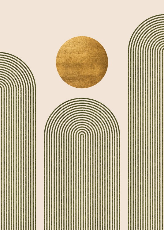 – Ilustración de estilo gráfico con un círculo dorado, tres arcos de color verde y fondo beis