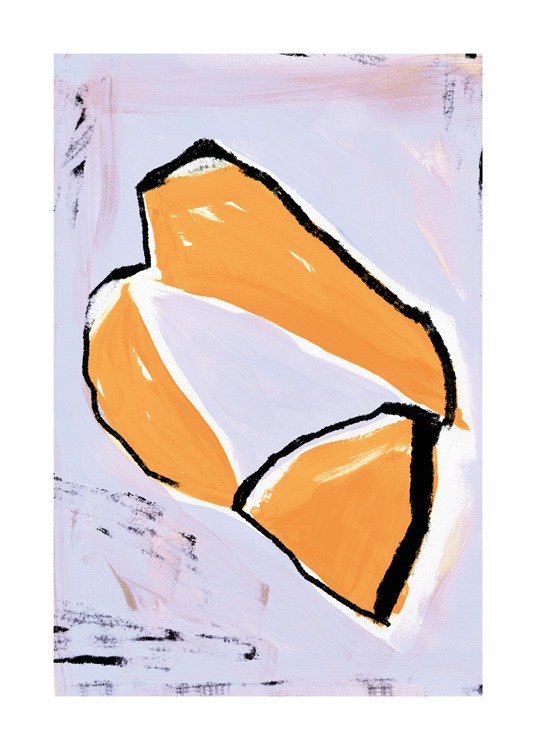  – Ilustración de una figura abstracta en color naranja con contorno blanco y delineada en negro, fondo color lila.