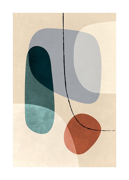  – Ilustración de diseño gráfico con figuras en beis, azul y anaranjado, fondo beis