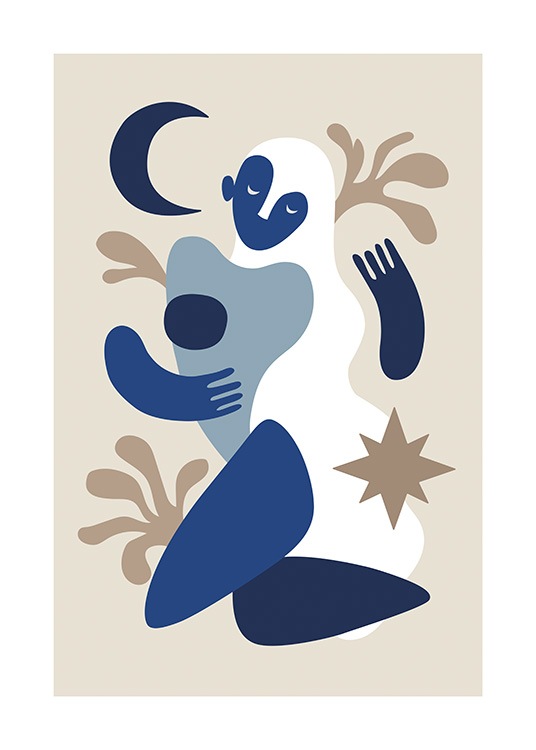 – Ilustración de diseño gráfico con el motivo de un cuerpo azul y blanco con hojas y una estrella y una luna alrededor, fondo beis