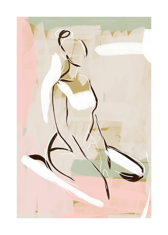  – Dibujo en arte de línea con el motivo de una mujer sentada, fondo rosa y verde claro