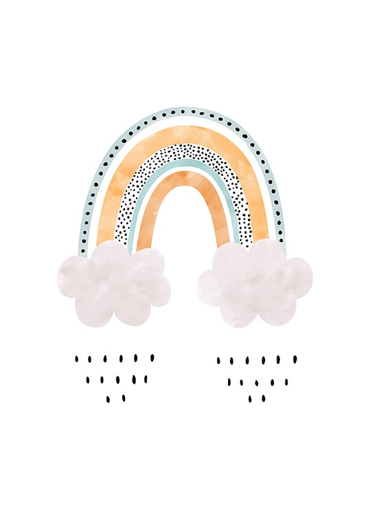  – Ilustración con un arcoíris anaranjado y azul con puntos negros y dos nubes rosas, fondo blanco