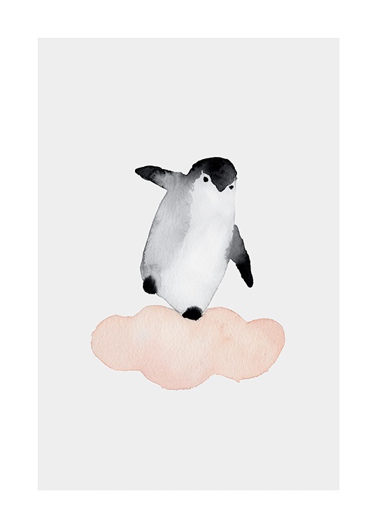  – Pintura en acuarela de un pingüino en una nube rosada, fondo gris claro