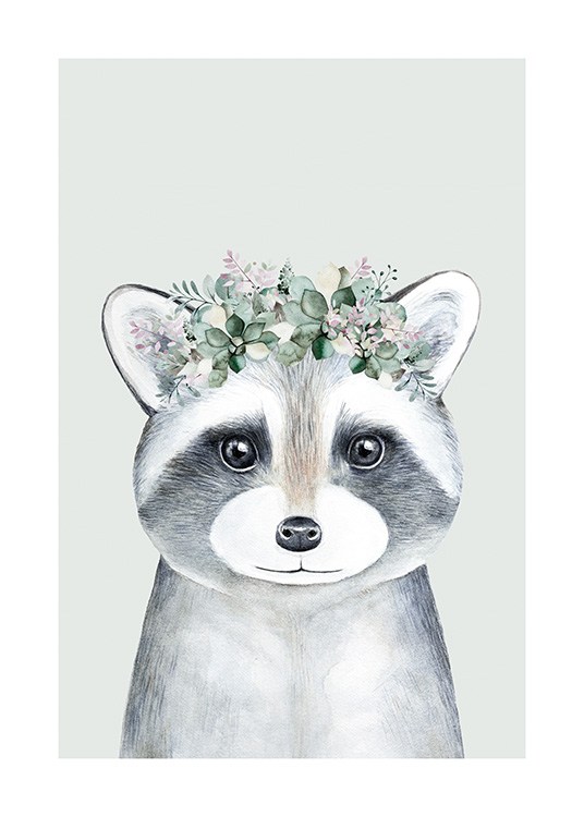  – Dibujo de un mapache bebé color gris con una diadema de flores, fondo verde claro