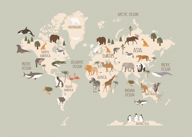  – Ilustración de diseño gráfico con fondo gris y mapamundi de animales