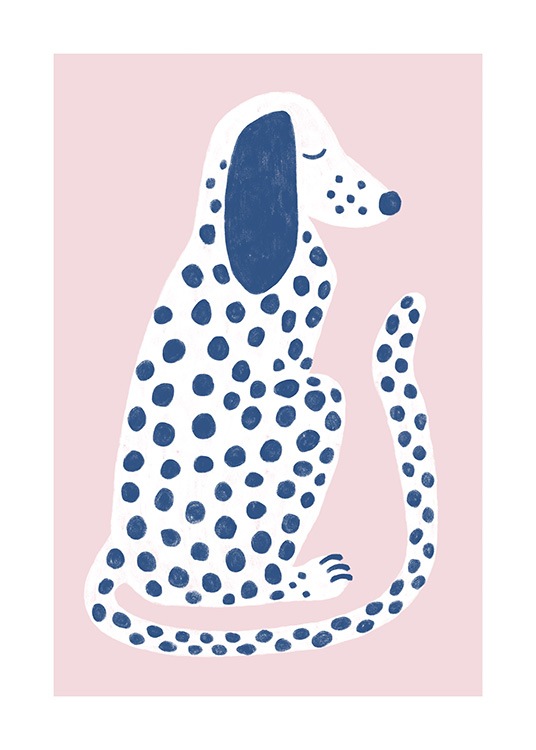  – Ilustración de diseño gráfico con un perro blanco con motas azules y fondo rosa claro