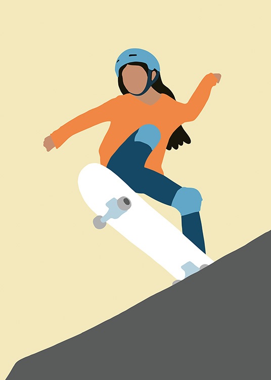  – Ilustración de diseño gráfico con fondo amarillo claro y el dibujo de una joven de pelo largo y negro y con sudadera anaranjada en patineta