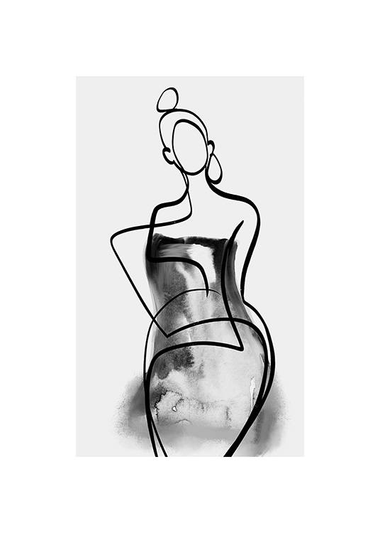  – Pintura en acuarela de una mujer realizada en arte de línea que lleva un vestido negro, fondo gris claro
