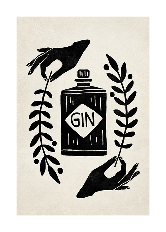  – Ilustración de diseño gráfico con fondo beis y el dibujo en negro de una botella de ginebra y dos manos que sostienen dos ramitas con hojas