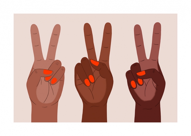  – Ilustración de diseño gráfico con fondo rosa claro, recuadro blanco y el dibujo de tres manos con uñas rojas haciendo la señal de la paz