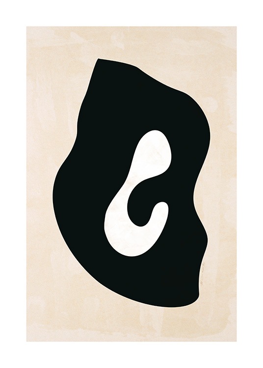  – Ilustración de diseño gráfico con una figura blanca dentro de una negra, fondo beis