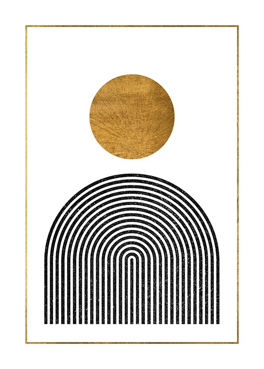  – Ilustración de diseño gráfico con fondo blanco y un arco negro y un círculo dorado