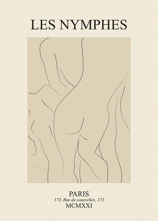  – Ilustración en arte de línea con cuerpos desnudos, fondo beis y texto arriba y abajo del dibujo