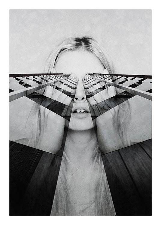  – Fotografía en blanco y negro de una mujer que se cubre los ojos con las manos