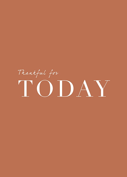  – Póster con fondo color terracota y una frase en letras blancas: “Thankful for today”