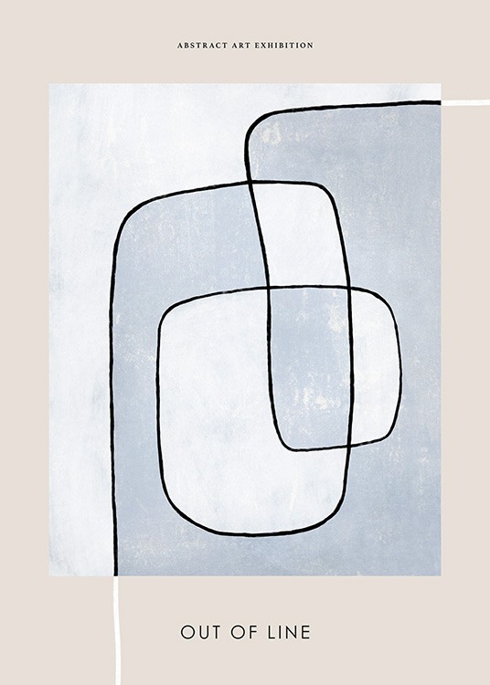  – Pintura con un recuadro beis, una abstracción de líneas negras sobre un fondo azul con estructura tipo lienzo, y una frase escrita en letras negras en la parte superior e inferior del motivo
