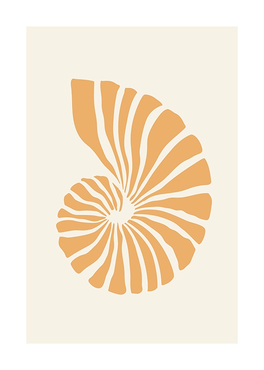  – Ilustración de diseño gráfico con el motivo de una caracola anaranjada, fondo beis claro