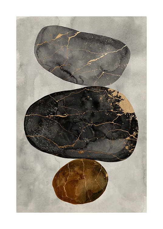  – Acuarela con tres piedras en gris y marrón con grietas doradas, fondo gris claro
