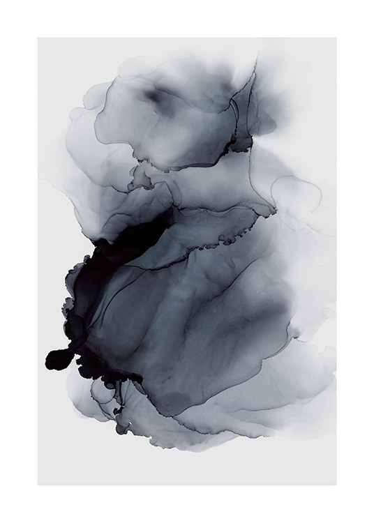  – Abstracción en tinta negra que se difuma en un fondo gris claro