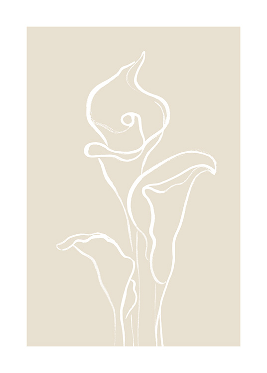  – Dibujo de línea de una flor blanca de la cala, fondo beis