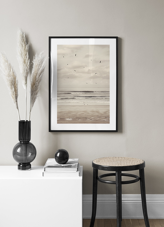  – Fotografía de pájaros volando en una playa, cielo nublado