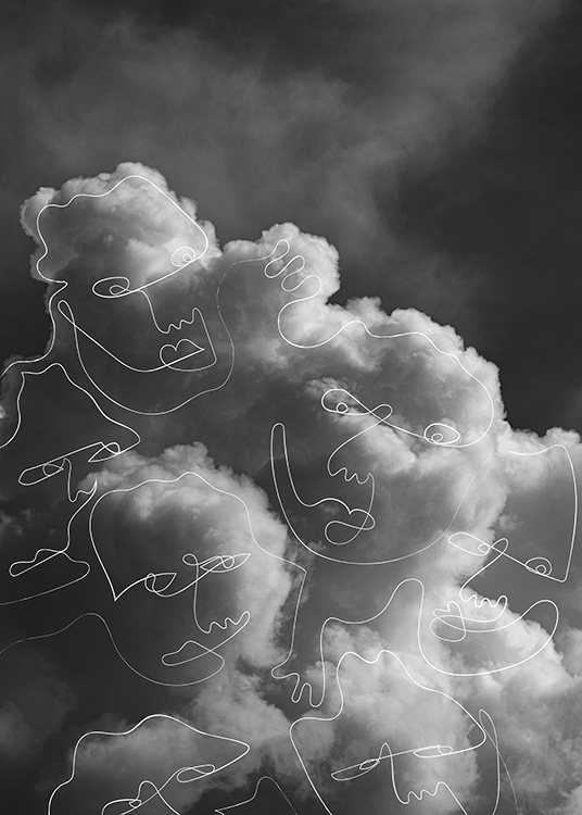  – Fotografía en blanco y negro de una formación de nubes y rostros abstractos en arte de línea encima de las nubes