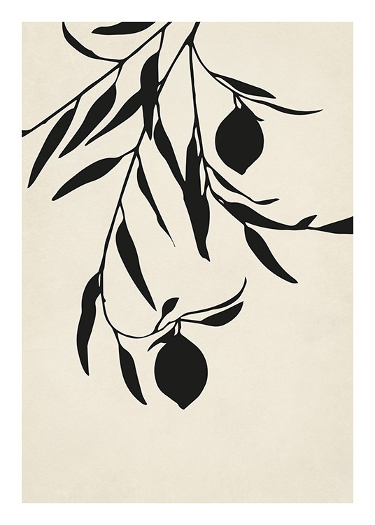  – Ilustración de diseño gráfico con fondo beis y un dibujo en negro de ramas y hojas de limonero