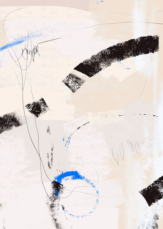  – Pintura abstracta con brochazos y pinceladas en negro y azul, fondo beis con estructura similar a la de un lienzo