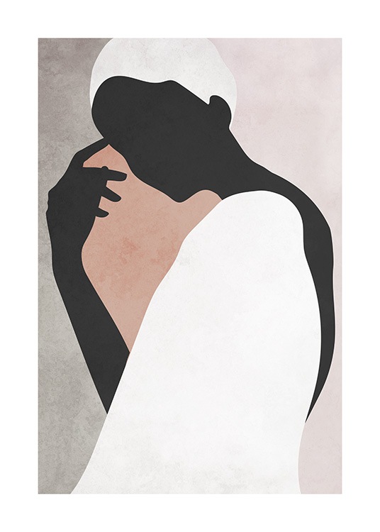  – Ilustración de diseño gráfico con una mujer con cabello y vestido blanco, y fondo de textura irregular en beis, blanco, rosa y anaranjado