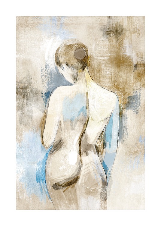  – Pintura de una mujer desnuda vista de espaldas, fondo beis y azul