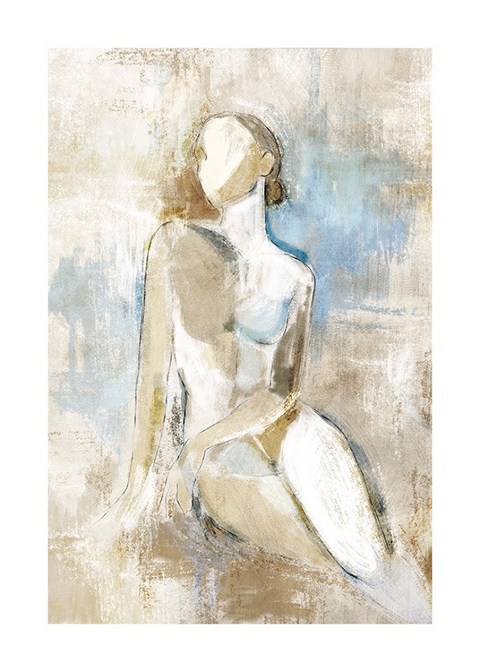  – Pintura de una mujer desnuda en posición sentada, fondo beis y azul