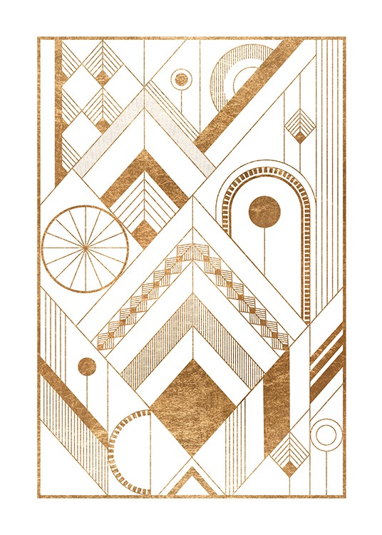  – Ilustración de diseño gráfico con un patrón de figuras en dorado, fondo blanco