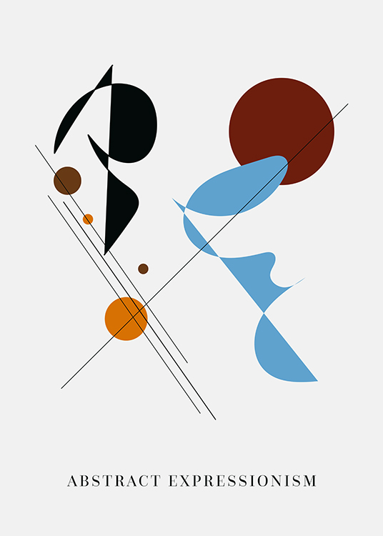  – Ilustración de diseño gráfico con figuras abstractas y líneas en negro, azul y marrón, fondo gris claro