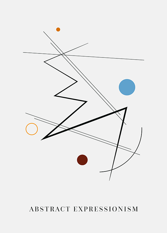  – Ilustración de diseño gráfico con círculos azules y marrones, y líneas negras, rectas y en zigzag, fondo gris claro