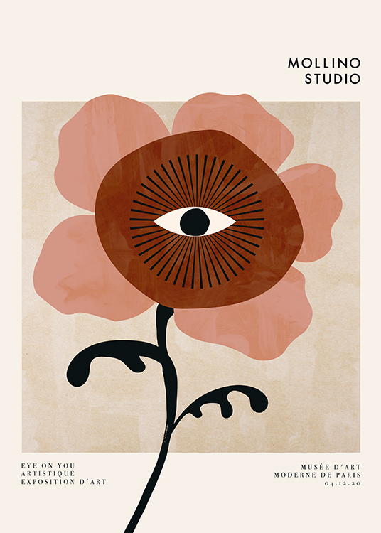  – Ilustración de diseño gráfico con una flor marrón y rosa que tiene un ojo en el centro, fondo beis