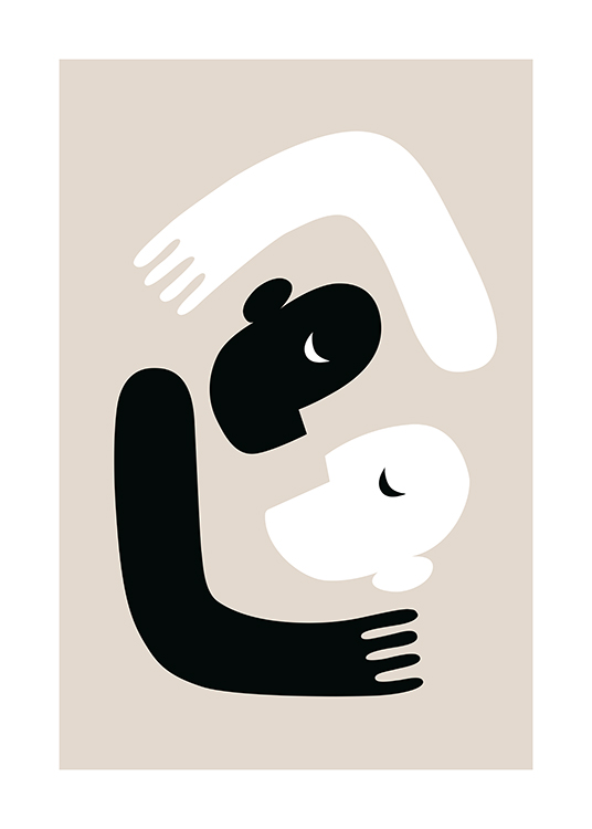  – Ilustración de diseño gráfico con rostros y brazos abstractos en blanco y negro, fondo beis
