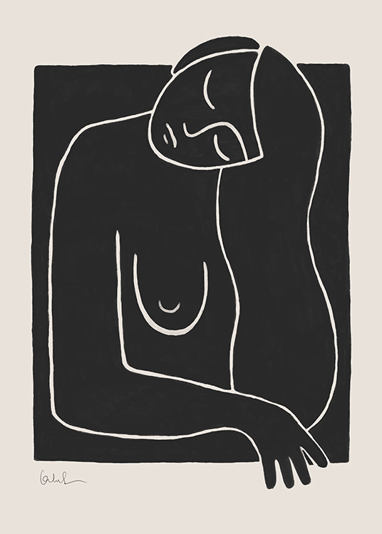  – Ilustración de diseño gráfico con el torso desnudo de una mujer realizado en arte de línea sobre un fondo de pizarra negro