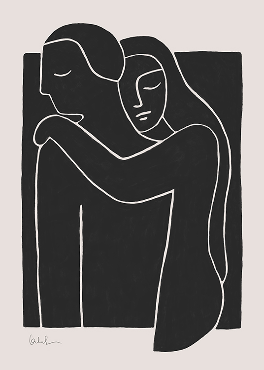  – Ilustración de diseño gráfico con dos personas que se abrazan dibujadas en arte de línea sobre un fondo de pizarra negro