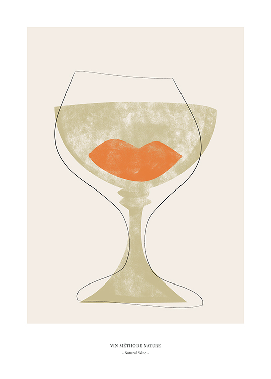 – Ilustración de diseño gráfico con una copa de vino abstracta color verde y anaranjado con contornos negros sobre un fondo beis y con texto