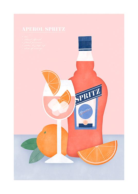  – Ilustración de diseño gráfico con un trago de Aperol Spritz y naranjas, fondo rosa y azul, y una receta escrita en letras blancas en el extremo superior derecho del motivo