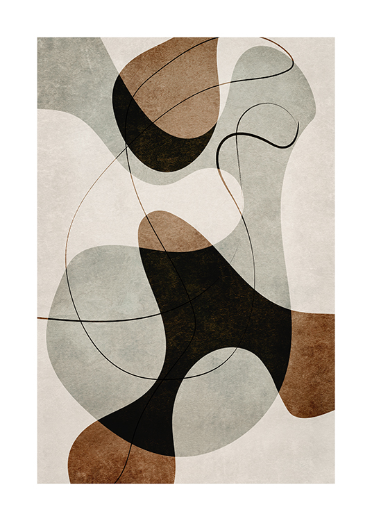  – Ilustración de diseño gráfico con trazos y figuras abstractas en gris y marrón sobre un fondo beis