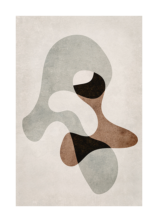  – Ilustración de diseño gráfico con figuras abstractas en gris y marrón sobre un fondo beis