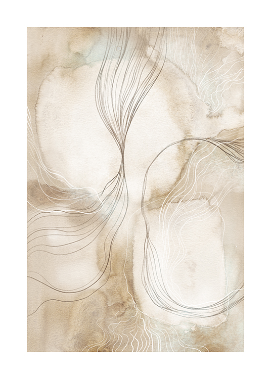  – Ilustración abstracta con líneas grises y blancas, fondo de acuarela color beis